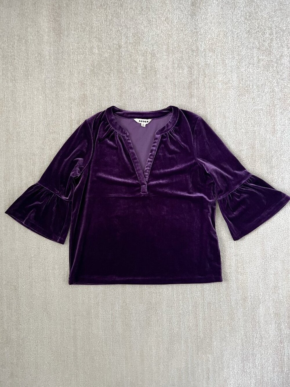 Boden Purple Velvet Notch Neck Frill Sleeve Blouse Top Holiday Sz 8